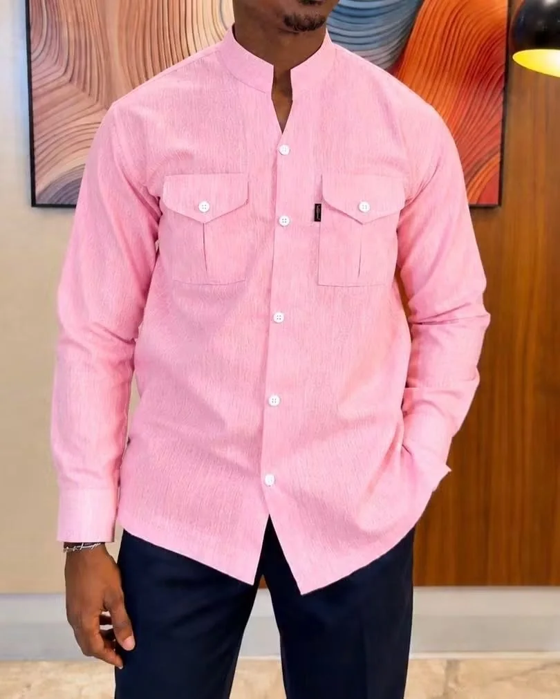 Chemise rose col Mao à deux poches